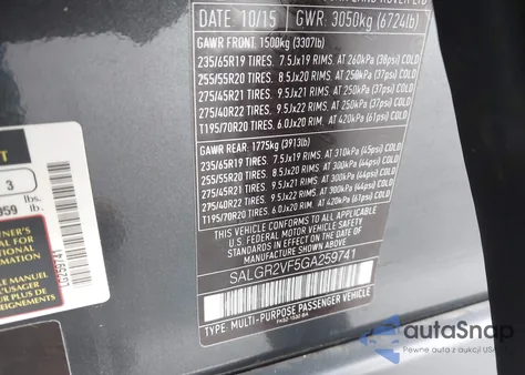 2016 Land Rover Range Rover 3.0L V6 Supercharged z USA, uszkodzony, nr VIN SALGR2VF5GA259741